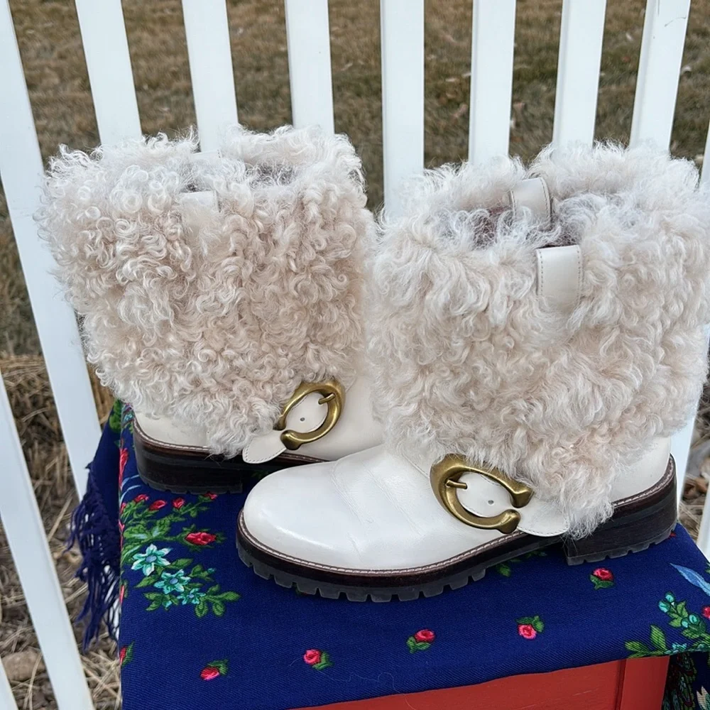 Coach Cream Shearling and Leather Flat Boots Size 6.5 - Picture 7 of 8